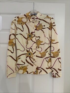 J. McLaughlin Cream Equestrian-Print Button Down Shirt